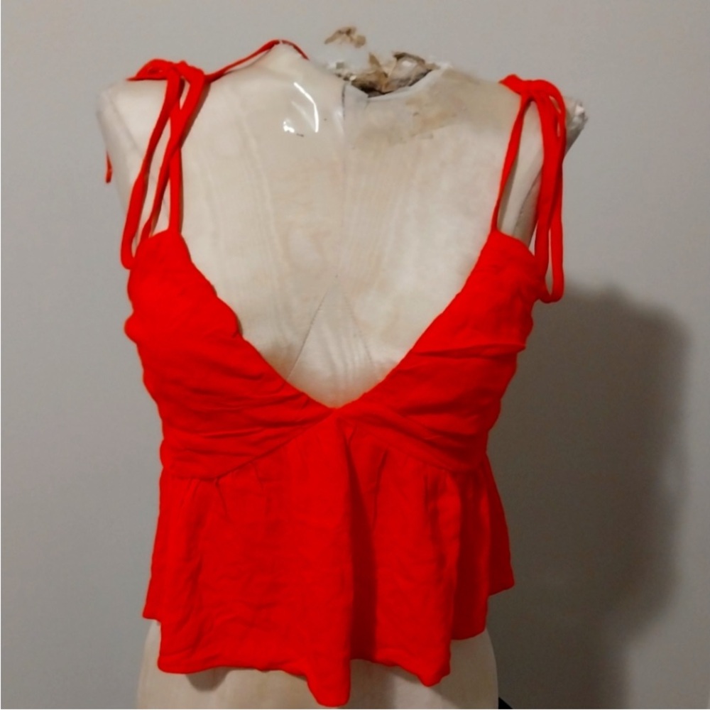 Lulu's Fire Orange Tie Back & Shoulders Ruffled Peplum Crop Tank Top szM EUC